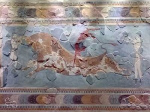 Fresco met als afbeelding het gevecht met de stier.